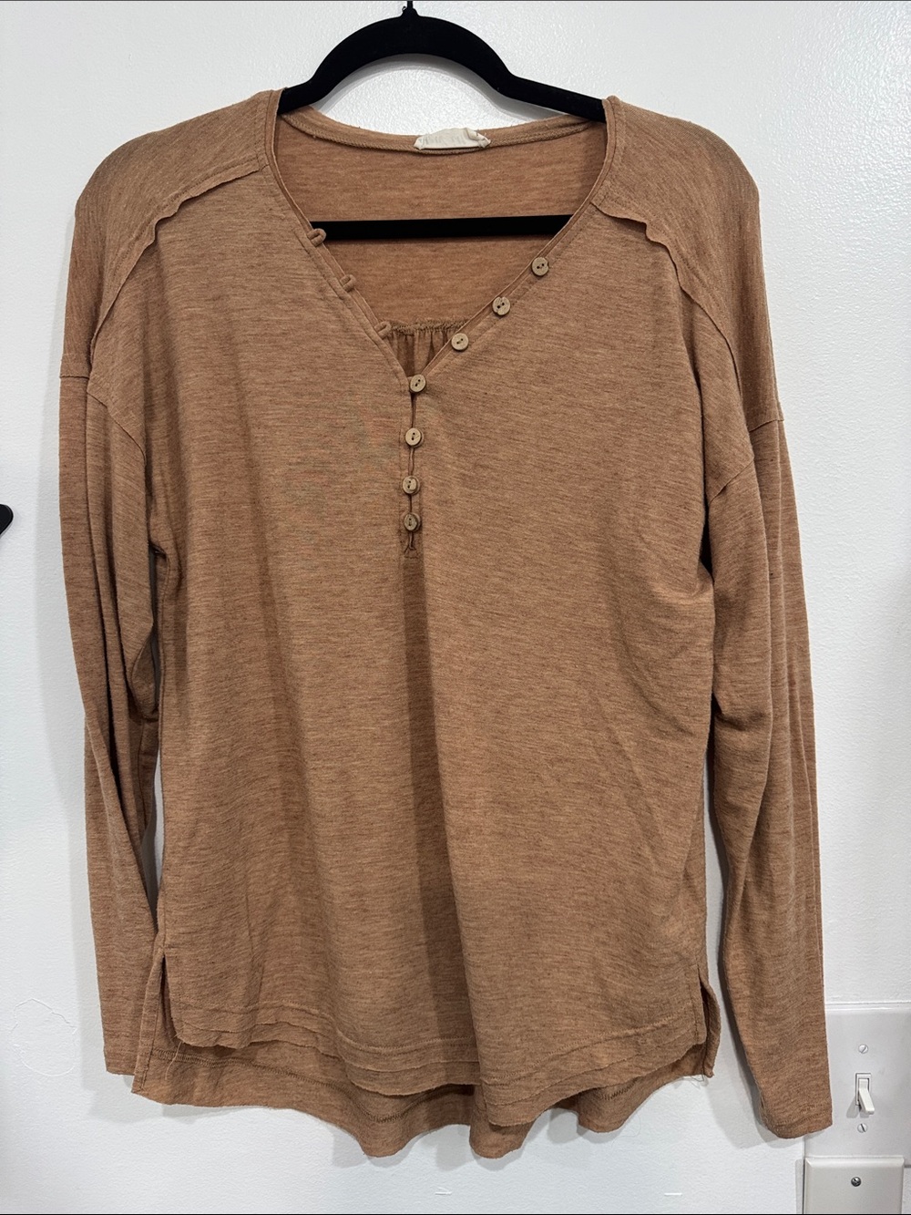Relaxed Fit Long Sleeve Henley Top - Brown